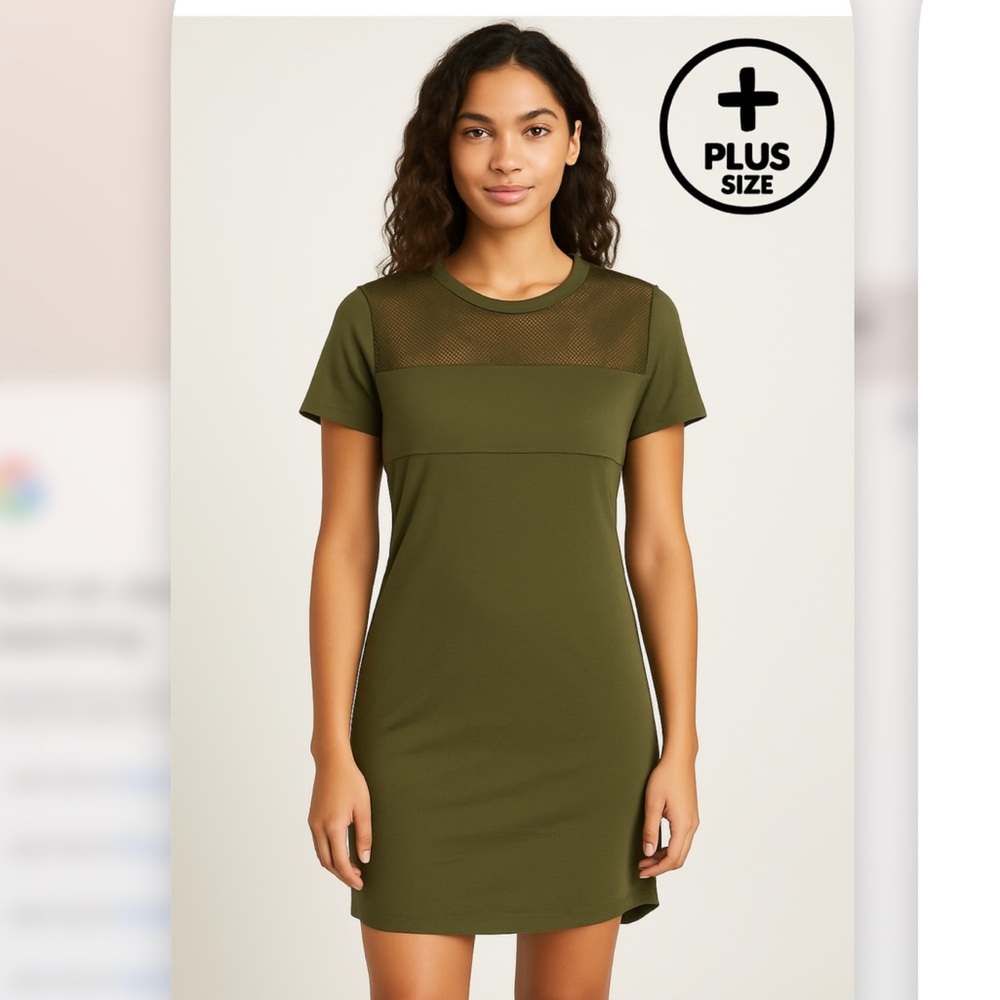 Stretchy Plus Size Army Olive Green Short Sleeve Midi Dress